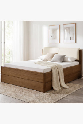 Massives Eichenbett Helsinki 180x200 cm mit Stauraum, gebürstete gebrannte Eiche